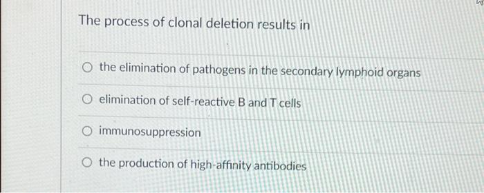 The Process Of Clonal Deletion Results In O The Elimination Of Pathogens In The Secondary Lymphoid Organs O Elimination 1