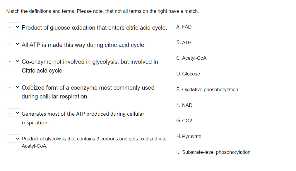 Match The Definitions And Terms Please Note That Not All Terms On The Right Have A Match Product Of Glucose Oxidation 1
