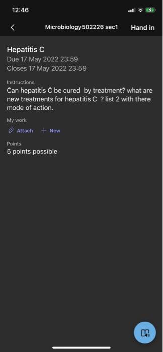 12 46 Microbiology502226 Sec1 Hand In Hepatitis C Due 17 May 2022 23 59 Closes 17 May 2022 23 59 Instructions Can Hepa 1