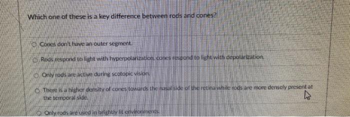 Which One Of These Is A Key Difference Between Rods And Cones Cones Don T Have An Outer Segment Rods Respond To Light W 1