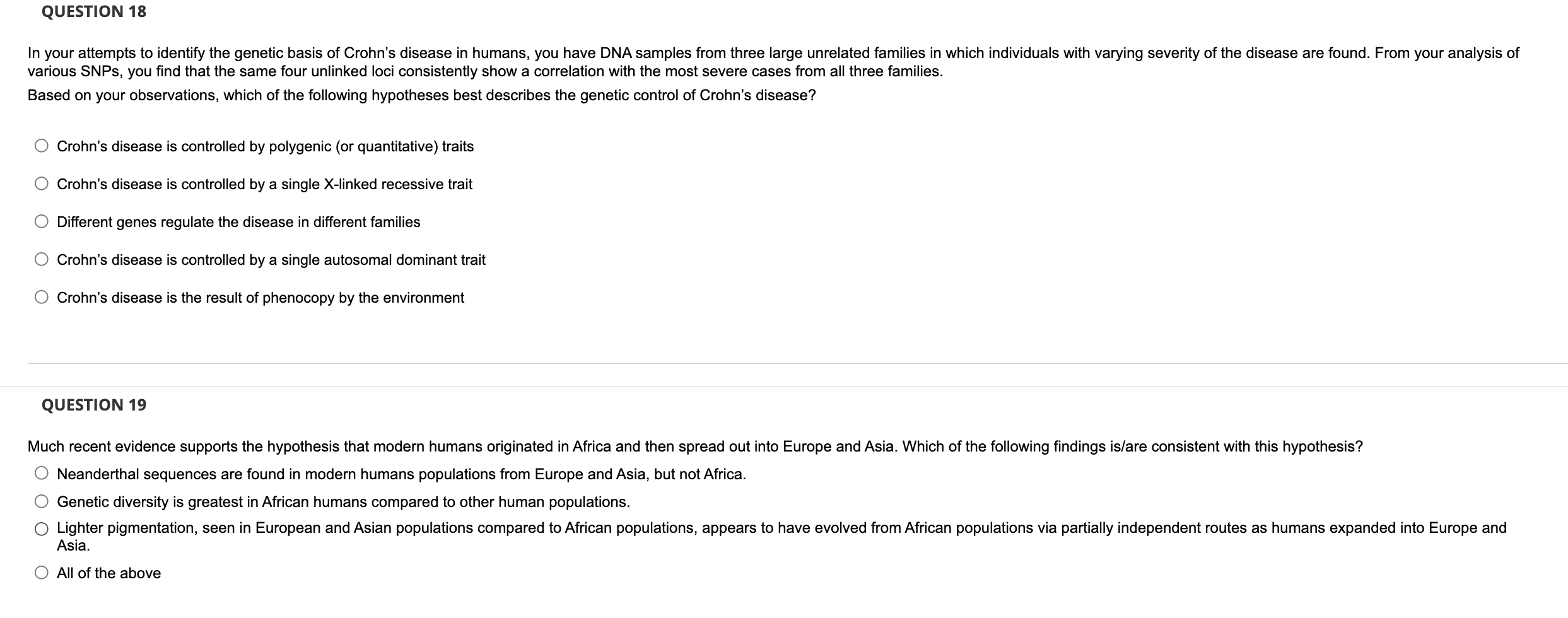 Question 18 In Your Attempts To Identify The Genetic Basis Of Crohn S Disease In Humans You Have Dna Samples From Three 1