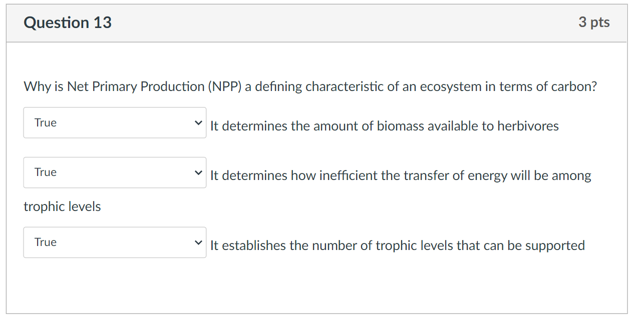Question 13 3 Pts Why Is Net Primary Production Npp A Defining Characteristic Of An Ecosystem In Terms Of Carbon True 1