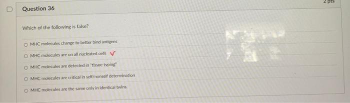 2 Pts D Question 36 Which Of The Following Is False Mhc Molecules Change To Better Bind Antigens O Mhc Molecules Are On 1