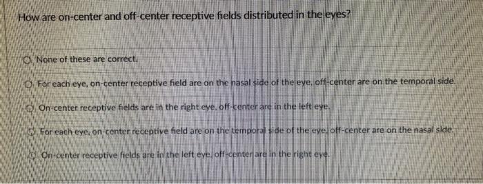How Are On Center And Off Center Receptive Fields Distributed In The Eyes None Of These Are Correct O For Each Eye On 1