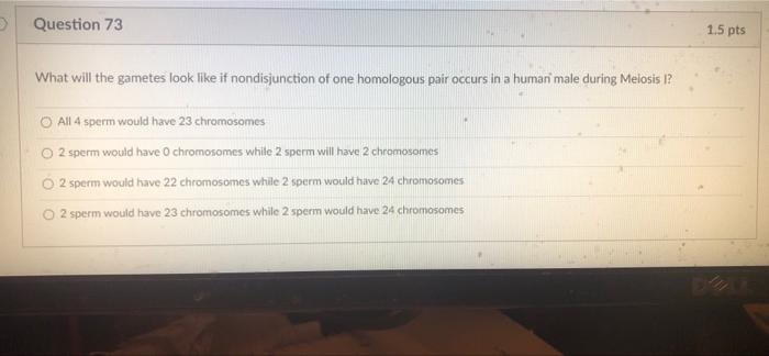 Question 73 1 5 Pts What Will The Gametes Look Like If Nondisjunction Of One Homologous Pair Occurs In A Humari Male 1