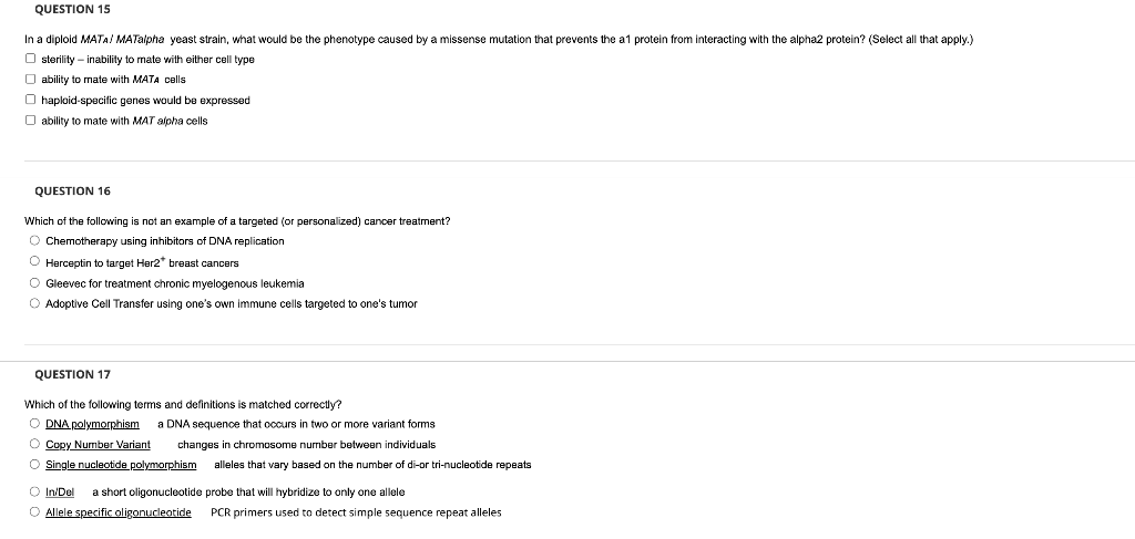 Question 15 In A Diploid Mata Matalpha Yeast Strain What Would Be The Phenotype Caused By A Missense Mutation That Pre 1