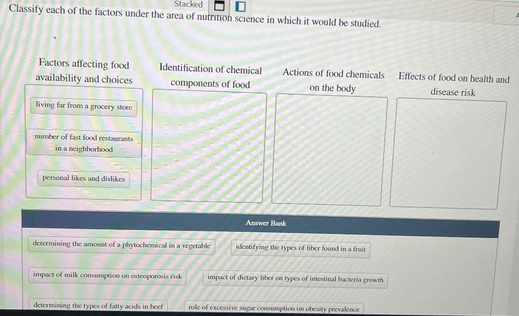 Stacked Classify Each Of The Factors Under The Area Of Nutrition Science In Which It Would Be Studied Factors Affecting 1