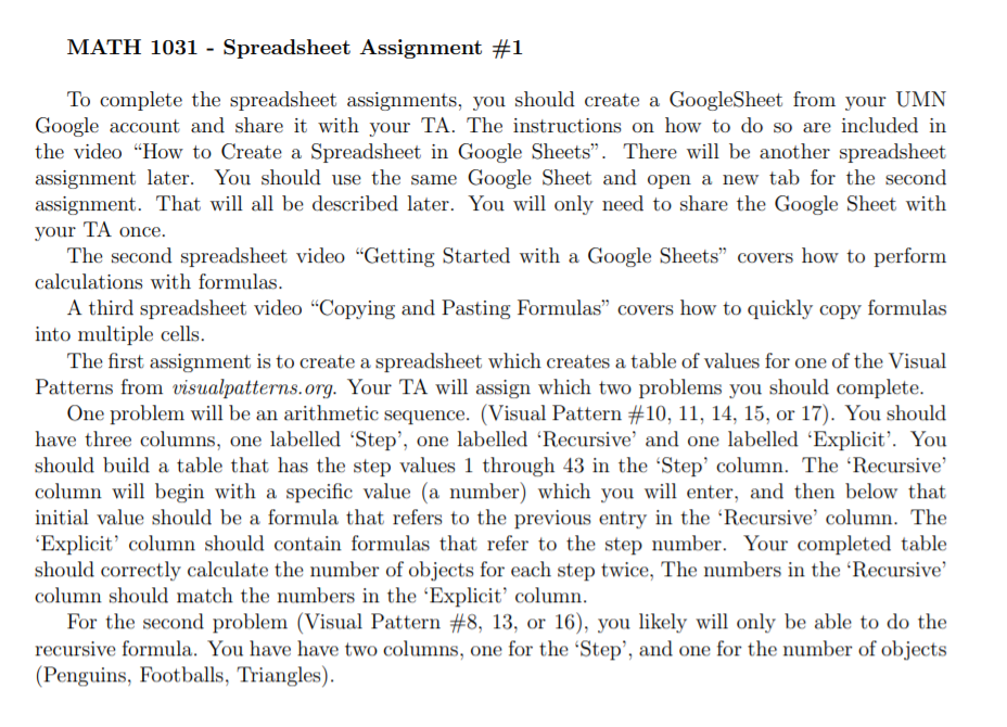 Math 1031 Spreadsheet Assignment 1 To Complete The Spreadsheet Assignments You Should Create A Googlesheet From Your 1