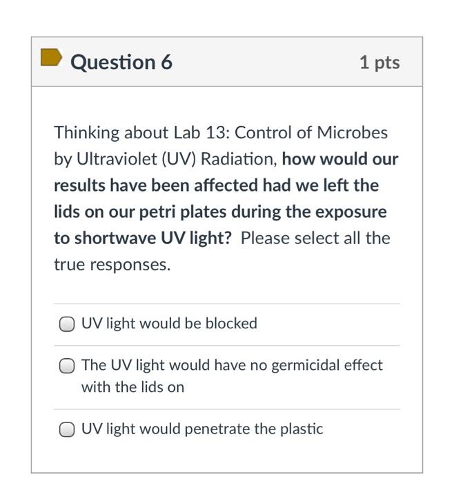 Question 6 1 Pts Thinking About Lab 13 Control Of Microbes By Ultraviolet Uv Radiation How Would Our Results Have Be 1