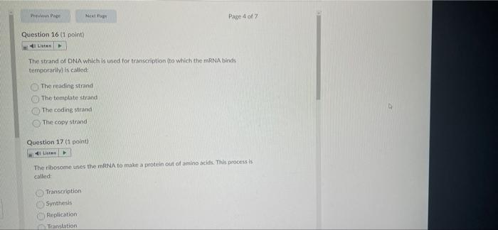 Wevin Pa Page Page 4 Of 7 Question 16 1 Point Listen The Strand Of Dna Which Is Used For Transcription To Which The Mr 1