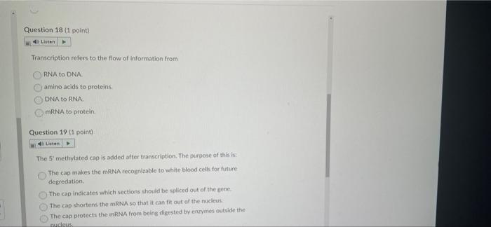 Question 18 1 Point 4 Listen Transcription Refers To The Flow Of Information From Rna To Dna Amino Acids To Proteins 1