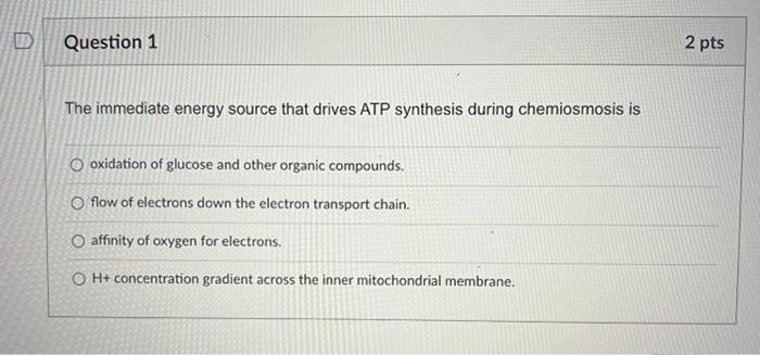 Question 1 2 Pts The Immediate Energy Source That Drives Atp Synthesis During Chemiosmosis Is O Oxidation Of Glucose And 1
