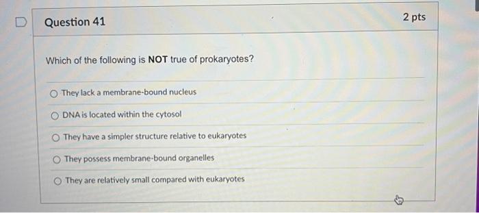 2 Pts Question 41 Which Of The Following Is Not True Of Prokaryotes They Lack A Membrane Bound Nucleus Dna Is Located W 1