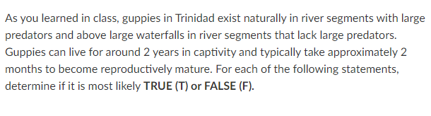 As You Learned In Class Guppies In Trinidad Exist Naturally In River Segments With Large Predators And Above Large Wate 1
