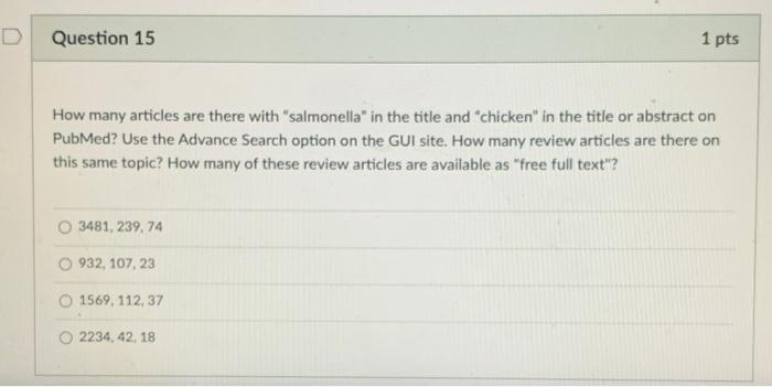 D Question 15 1 Pts How Many Articles Are There With Salmonella In The Title And Chicken In The Title Or Abstract On 1