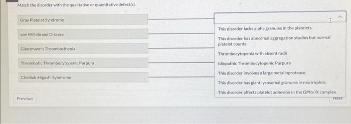 Match The Disorder With The Qualitative Or Quantitative Defects Gray Platelet Syndrome Von Willebrand Disease Glanzmann 1