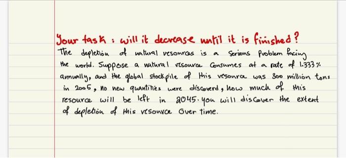 Your Task Will It Decrease Until It Is Finished The Depletion Of Natural Resources Is A Serious Problem Facing The Wo 1