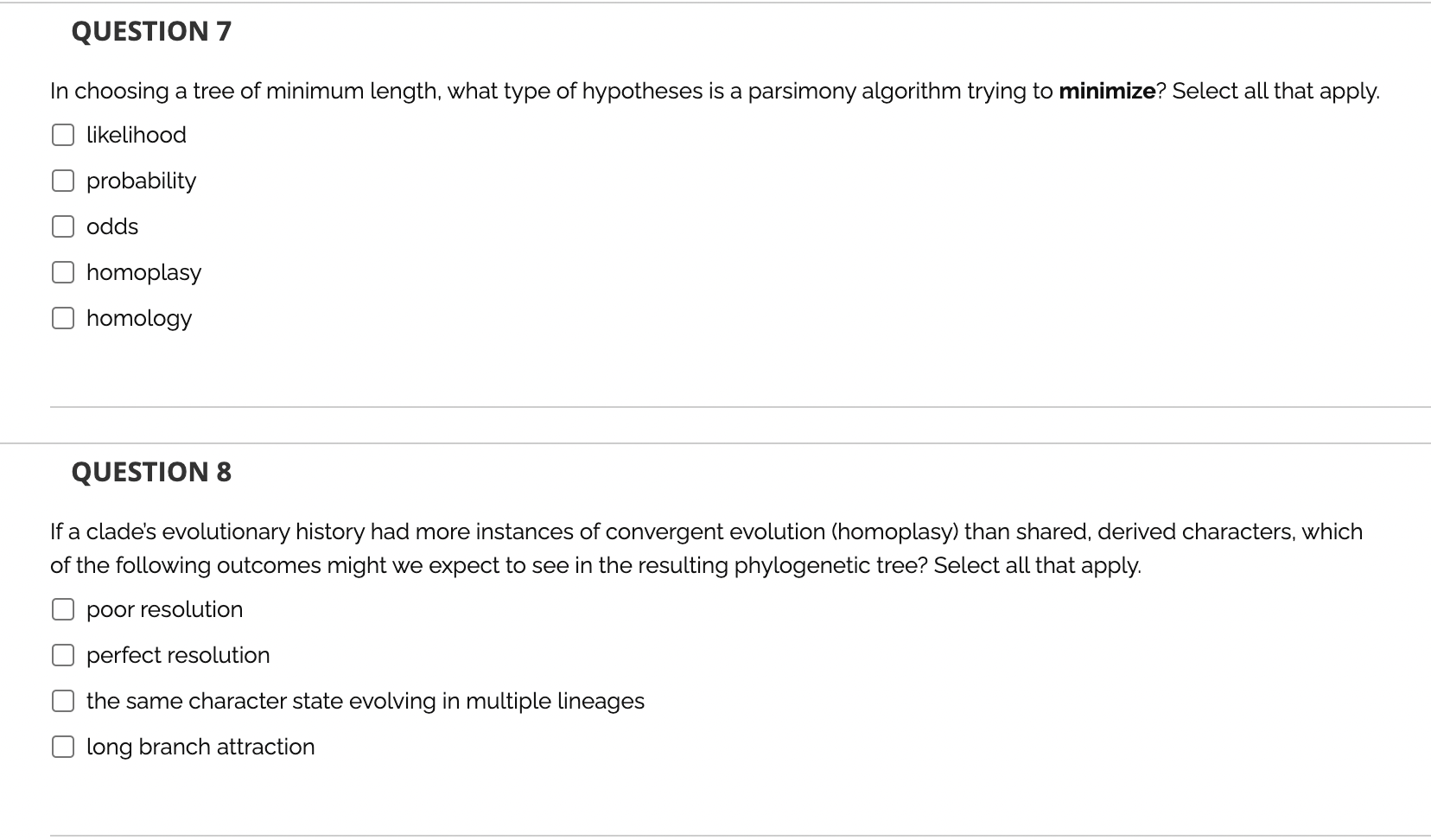 Question 7 In Choosing A Tree Of Minimum Length What Type Of Hypotheses Is A Parsimony Algorithm Trying To Minimize Se 1
