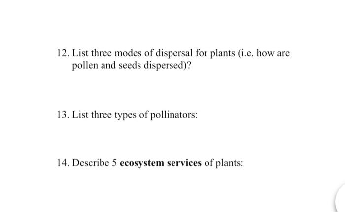 12 List Three Modes Of Dispersal For Plants I E How Are Pollen And Seeds Dispersed 13 List Three Types Of Pollinat 1