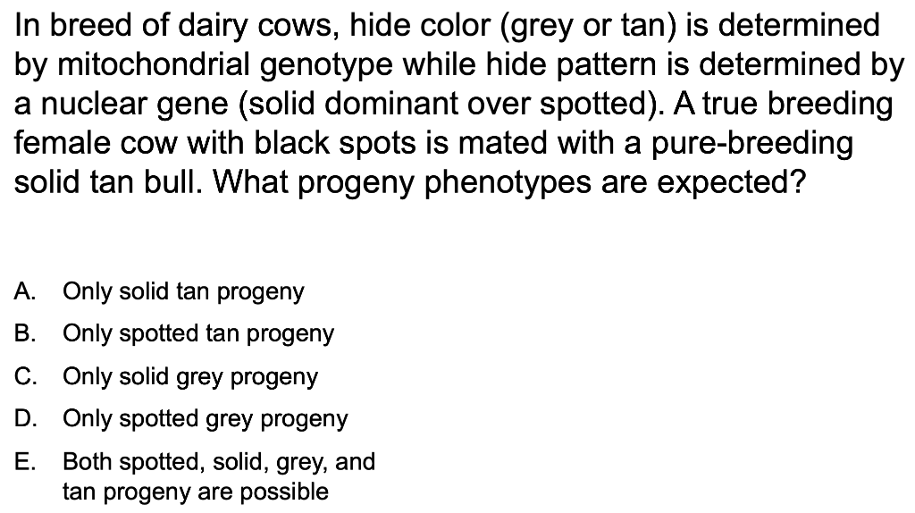 In Breed Of Dairy Cows Hide Color Grey Or Tan Is Determined By Mitochondrial Genotype While Hide Pattern Is Determine 1