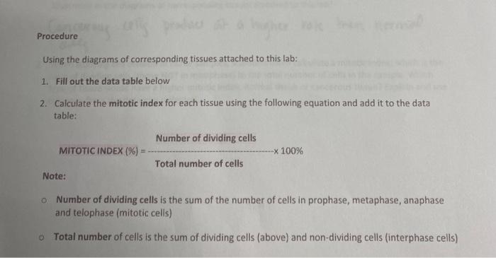 Procedure Using The Diagrams Of Corresponding Tissues Attached To This Lab 1 Fill Out The Data Table Below 2 Calculat 1