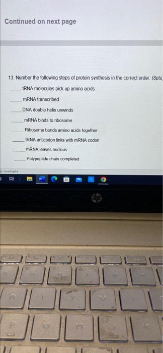 Continued On Next Page 13 Number The Following Steps Of Protein Synthesis In The Correct Order Spts Irna Molecules Pi 1