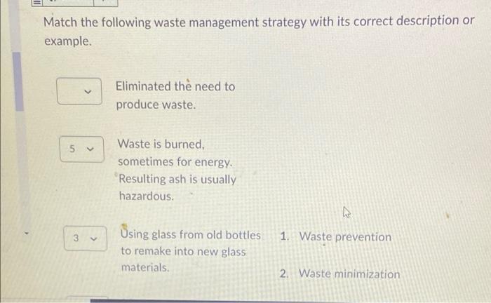 Match The Following Waste Management Strategy With Its Correct Description Or Example Eliminated The Need To Produce 1