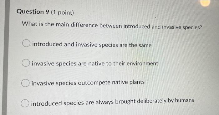 Question 9 1 Point What Is The Main Difference Between Introduced And Invasive Species O Introduced And Invasive Spec 1