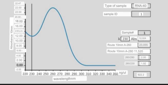 22 47 22 00 Type Of Sample Rna 40 22 00 Sample Id 20 00 18 00 16 00 2 00 Pm 12 00 Absorbance 10mm 10 00 8 00 Sample 2 1
