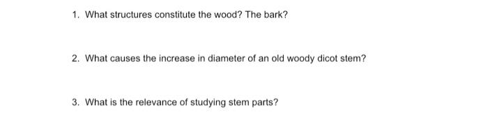 1 What Structures Constitute The Wood The Bark 2 What Causes The Increase In Diameter Of An Old Woody Dicot Stem 3 1