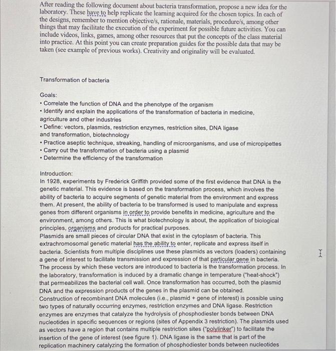 After Reading The Following Document About Bacteria Transformation Propose A New Idea For The Laboratory These Have To 1