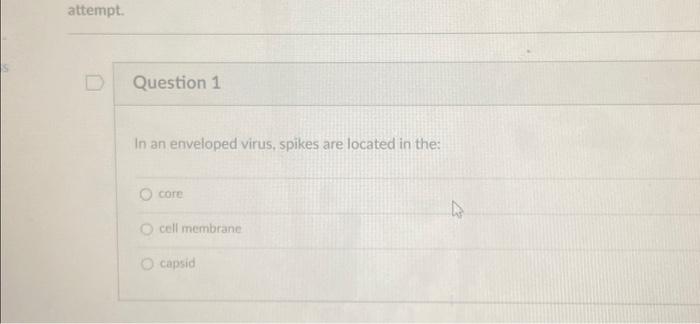 Attempt Question 1 In An Enveloped Virus Spikes Are Located In The Core Cell Membrane Capsid 1