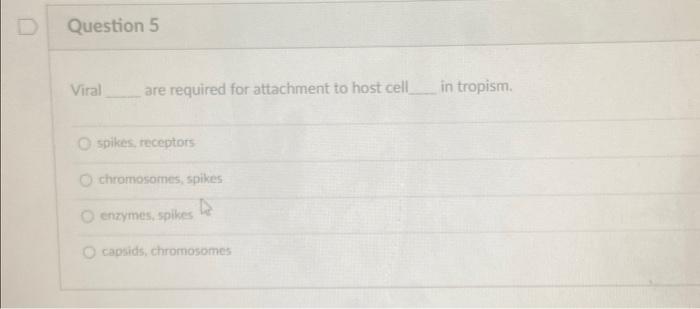 D Question 5 Viral Are Required For Attachment To Host Cell In Tropism Spikes Receptors Chromosomes Spikes Enzymes Sp 1