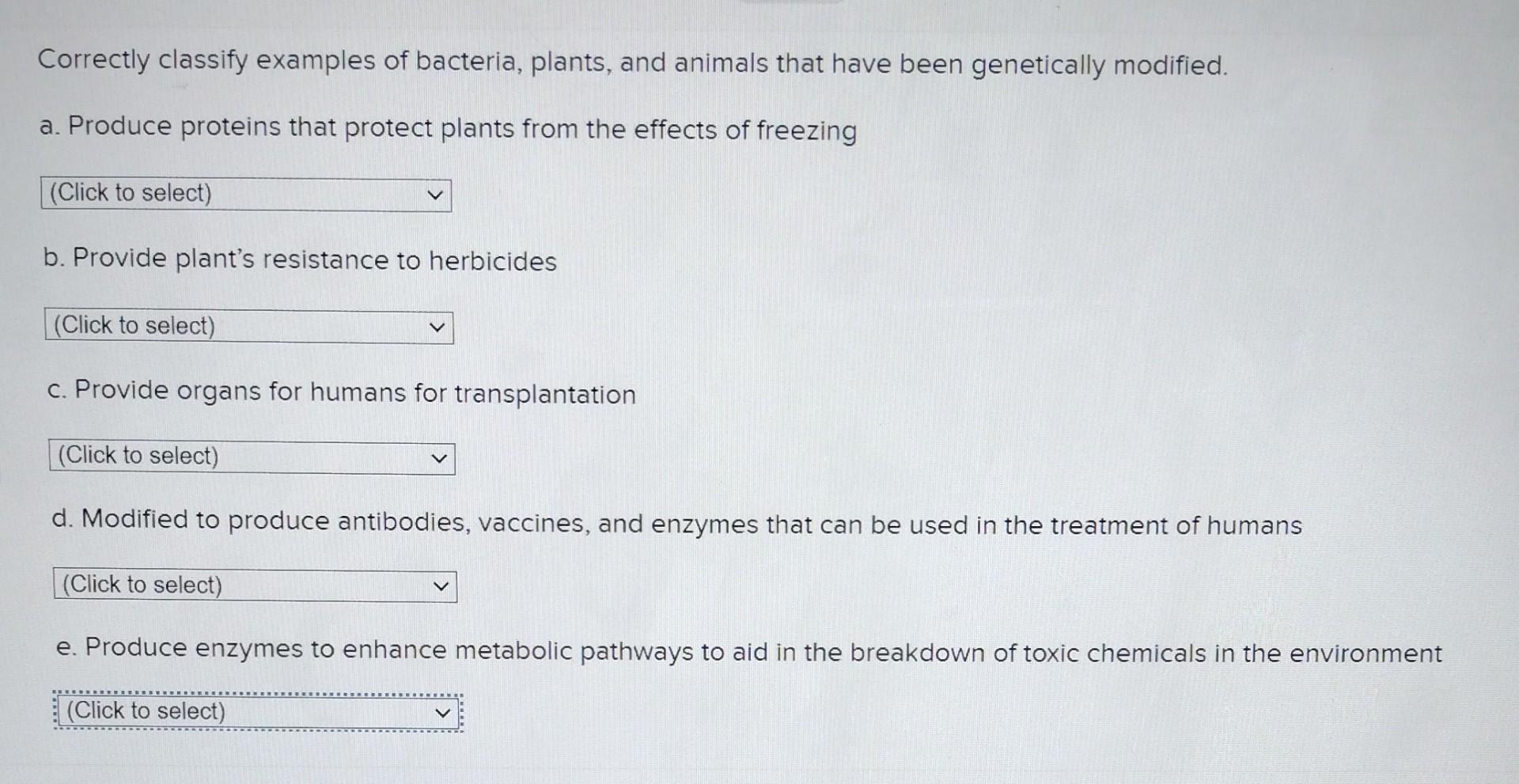 Correctly Classify Examples Of Bacteria Plants And Animals That Have Been Genetically Modified A Produce Proteins Th 1