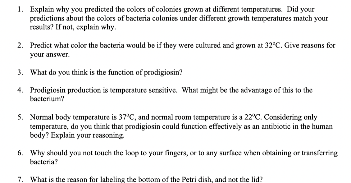 1 Explain Why You Predicted The Colors Of Colonies Grown At Different Temperatures Did Your Predictions About The Colo 1