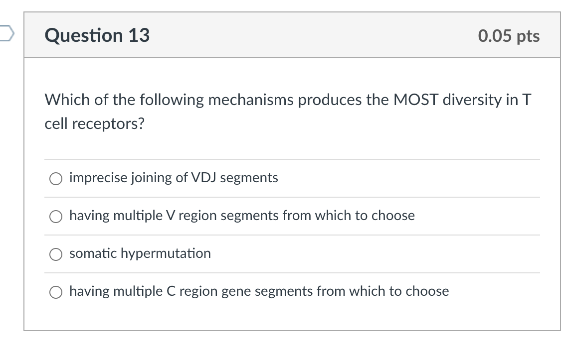 Question 13 0 05 Pts Which Of The Following Mechanisms Produces The Most Diversity In T Cell Receptors O Imprecise Join 1
