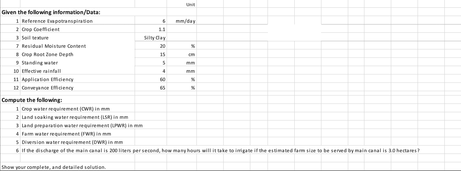 Unit 6 Mm Day 1 1 Silty Clay 20 Given The Following Information Data 1 Reference Eva Potranspiration 2 Crop Coefficie 1