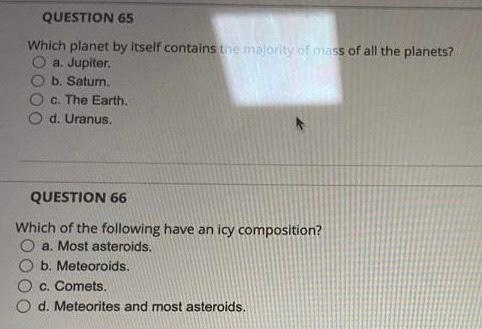 Question 62 Which Characteristic Listed Below Describes The Jovian Planets O A Small Masses O B Low Density O C Sol 3