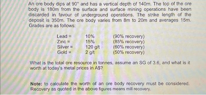 An Ore Body Dips At 90 And Has A Vertical Depth Of 140m The Top Of The Ore Body Is 180m From The Surface And Surface M 1