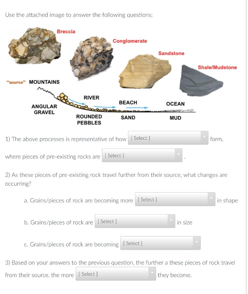 Use The Attached Image To Answer The Following Questions Breccia Conglomerate Sandstone Shale Mudstone Source Mountai 1