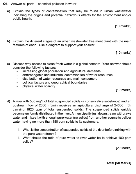 Q1 Answer All Parts Chemical Pollution In Water A Explain The Types Of Contamination That May Be Found In Urban Wast 1