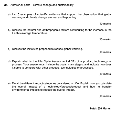 Q4 Answer All Parts Climate Change And Sustainability A List 5 Examples Of Scientific Evidence That Support The Obse 1