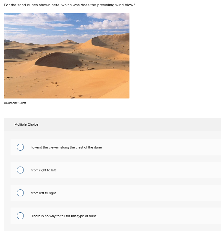 For The Sand Dunes Shown Here Which Was Does The Prevailing Wind Blow Susanne Gillatt Multiple Choice Toward The Viewe 1