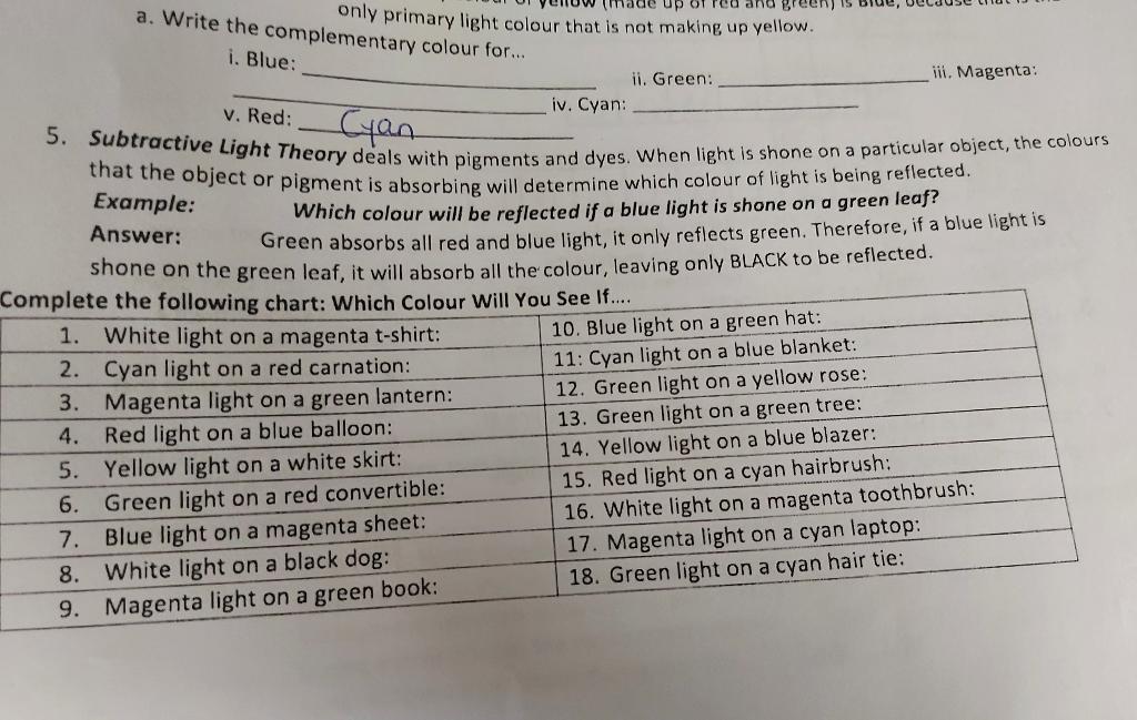 Made Up Red And Green 15 Only Primary Light Colour That Is Not Making Up Yellow A Write The Complementary Colour For 1