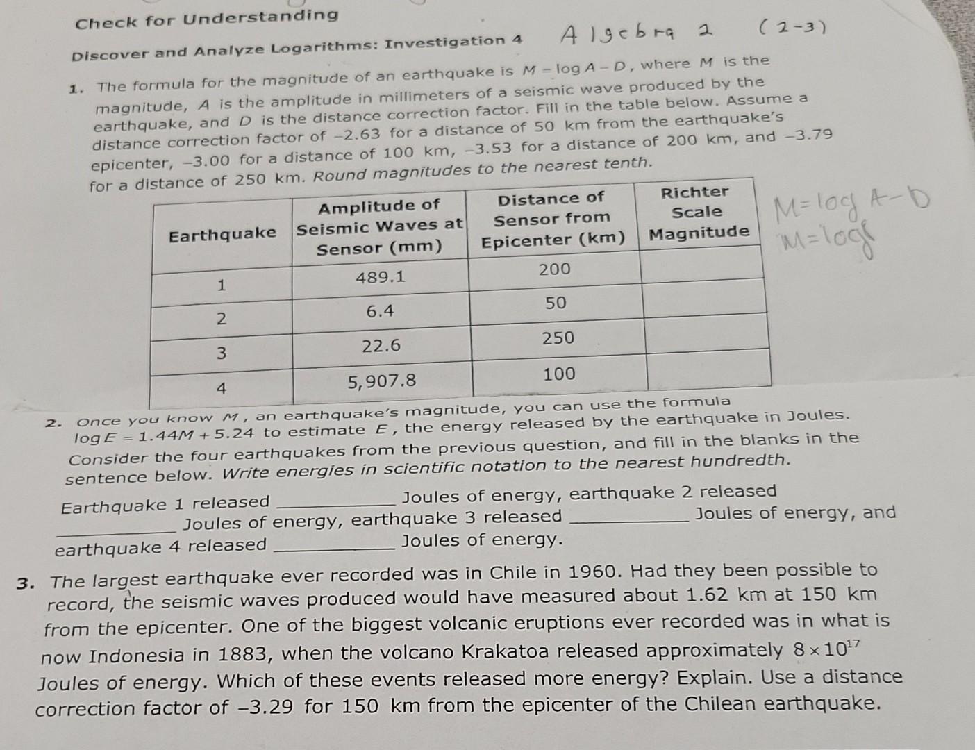 Check For Understanding Algebra A 2 3 Discover And Analyze Logarithms Investigation 4 1 The Formula For The Magnitud 1