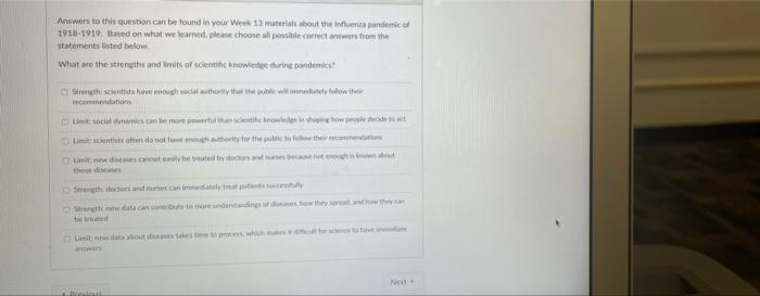 Answers To This Question Can Be Found In Your Week 13 Materials About The Intenta Pandemic 1918 1910 Bated On What We L 1