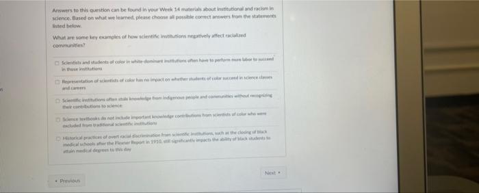 Answers To This Question Can Be Found In Your Week 14 Materials About Institutional And Racismin Science Based On What W 1