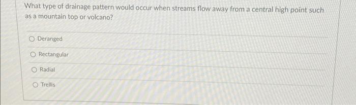 What Type Of Drainage Pattern Would Occur When Streams Flow Away From A Central High Point Such As A Mountain Top Or Vol 1