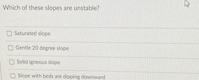 Which Of These Slopes Are Unstable Saturated Slope Gentle 20 Degree Slope Solid Igneous Slope Slope With Beds Are Dippi 1