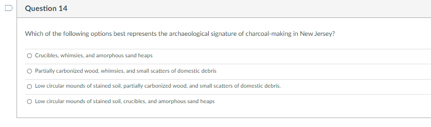 Question 14 Which Of The Following Options Best Represents The Archaeological Signature Of Charcoal Making In New Jersey 1
